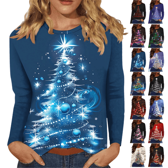 Mifsaly Women's Christmas Shirts Plus Size Long Sleeve Tops Pullover Xmas Tree Print Crewneck Loose T-Shirts Festival Party Funny Blouse 2025 Holiday Clothing