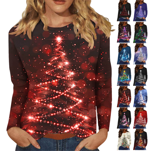 Mifsaly Women's Christmas Shirts Plus Size Long Sleeve Tops Pullover Xmas Tree Print Crewneck Loose T-Shirts Festival Party Funny Blouse 2025 Holiday Clothing