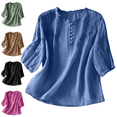 thumbnail image 1 of Mifsaly Women's Cotton Linen Embroidered Boho Tops 3/4 Sleeve V-Neck Bohemian Blouses Plus Size Elbow Sleeve Pullover Tunic Tops Camisetas Mujer, 1 of 3