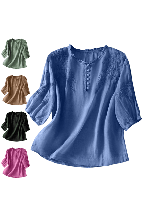 Women's Cotton Linen Embroidered Boho Tops 3/4 Sleeve V-Neck Bohemian Blouses Plus Size Elbow Sleeve Pullover Tunic Tops Camisetas Mujer