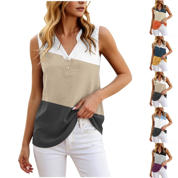 Mifsaly Women's Cotton Tank Tops Color Block V Neck Sleeveless Blouse Casual Loose Tunic Summer Henley Shirts Khaki,XXL