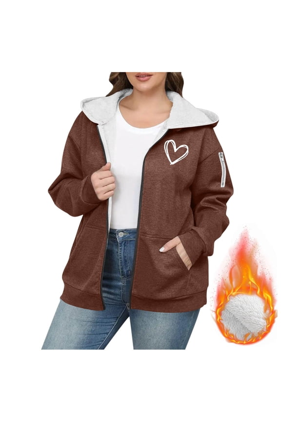 Women's Fleece Jacket Plus Size Oversized Full Zip Sherpa Lined Jackets Thicken Warm Long Sleeve Loose Hoodie Heart Print Hooded Sweatshirt Hiking Classic Thermal Winter Coats with Pockets