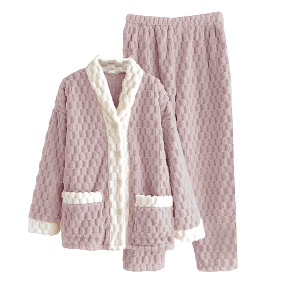 Mifsaly Women's Fleece Pajama Sets Lounge 2 Piece Button Down Pajama Set Winter Pjs V-Neck Long Sleeve Sleepwear with Pockets Soft Cozy Warm Nightwear Chunky Thermal Pants Fuzzy Flannel Pajamas