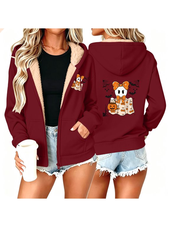 Women's Halloween Ghost Graphic Hoodie Sherpa Lined Zip Up Sweatshirt Warm Fleece Jacket Fall Winter Casual Novelty Cute Pumpkin Coat Outerwear Pockets Wine,M