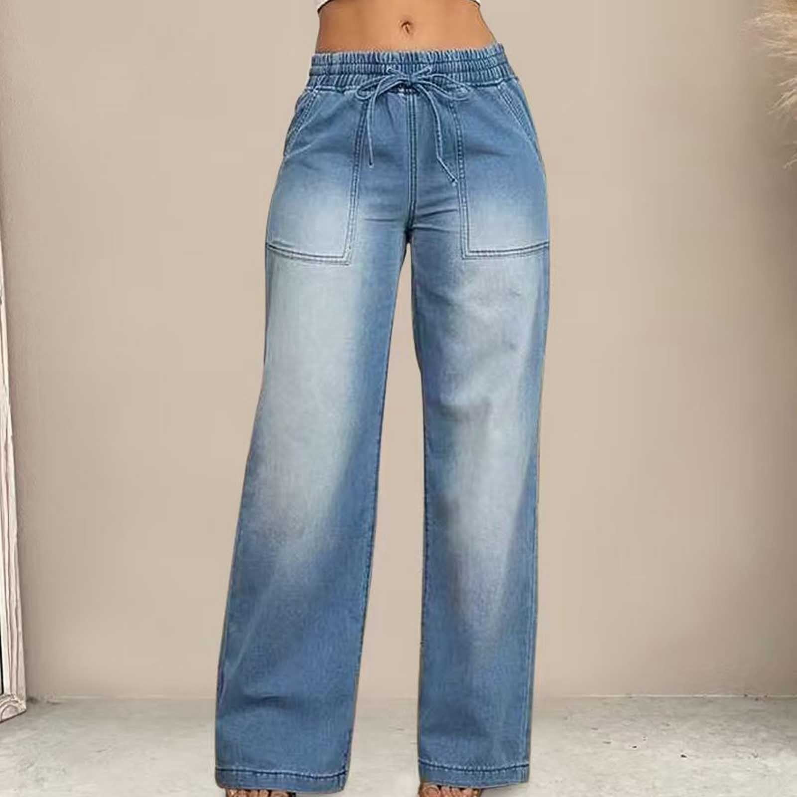 Mifsaly Women's High Waisted Denim Pants Elastic Waist Drawstring Wide ...