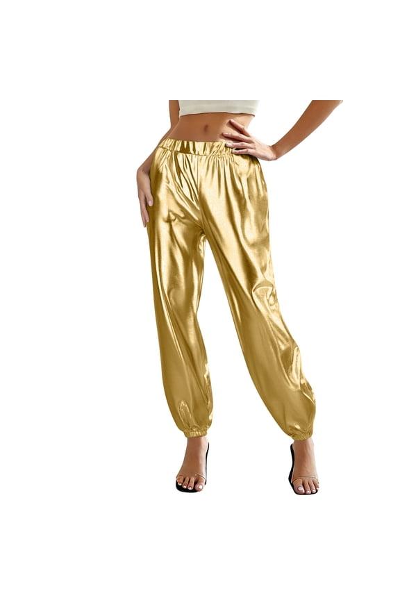 Women's High Waisted Metallic Jogger Pants Shiny Satin Harem Trousers Elastic Waist Casual Loose Fit Sweatpants Trendy Streetwear Party Clubwear Comfortable Loungewear XXL
