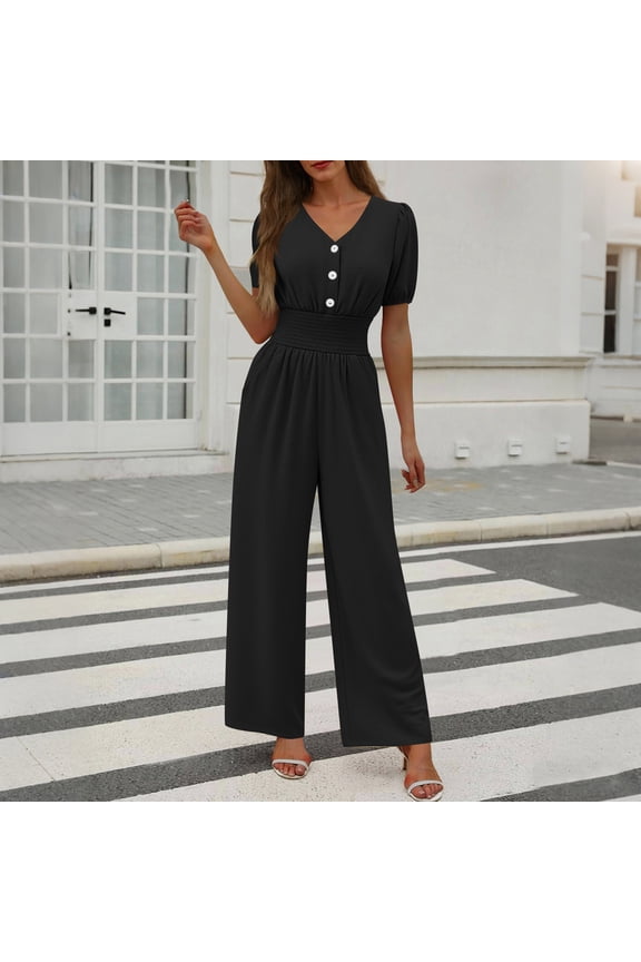 Women's Jumpsuits V-Neck Short Sleeve Button Front Jumpsuit Ruffle Elastic Waist Wide Leg Rompers Lounge Work Summer One Piece Outfits with Pockets S