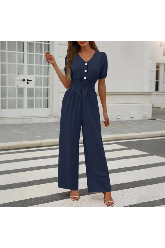 Women's Jumpsuits V-Neck Short Sleeve Button Front Jumpsuit Ruffle Elastic Waist Wide Leg Rompers Lounge Work Summer One Piece Outfits with Pockets L
