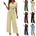 thumbnail image 1 of Mifsaly Women's Jumpsuits V-Neck Short Sleeve Button Front Jumpsuit Ruffle Elastic Waist Wide Leg Rompers Lounge Work Summer One Piece Outfits with Pockets S, 1 of 8