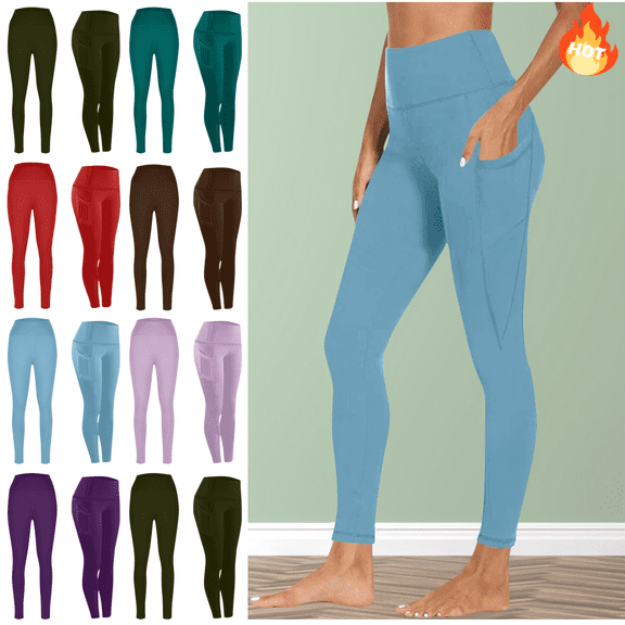 Mifsaly Women's Leggings With Side Pockets High Waist Seamless Leggings Solid Color Stretchy Workout Tights Sky Blue,M