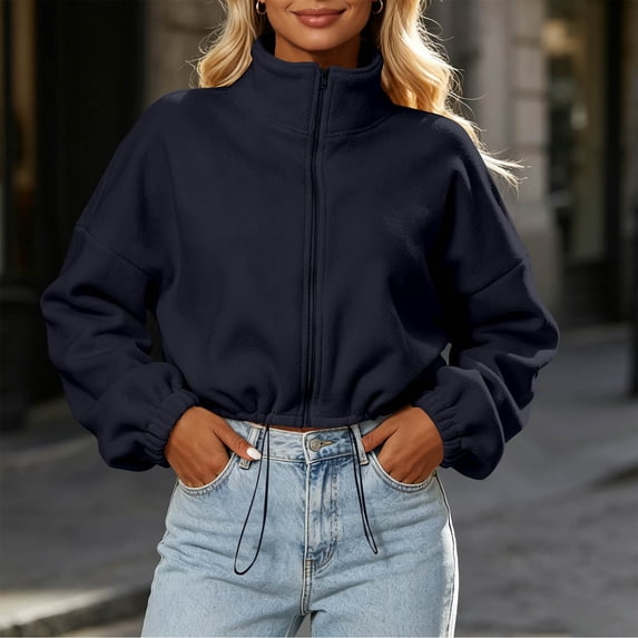 Mifsaly Women's Long Sleeve Sweatshirts Full Zip Collared Pullover Tops Drawstring Cropped Warm Fall Winter Fashion Sweat Shirts