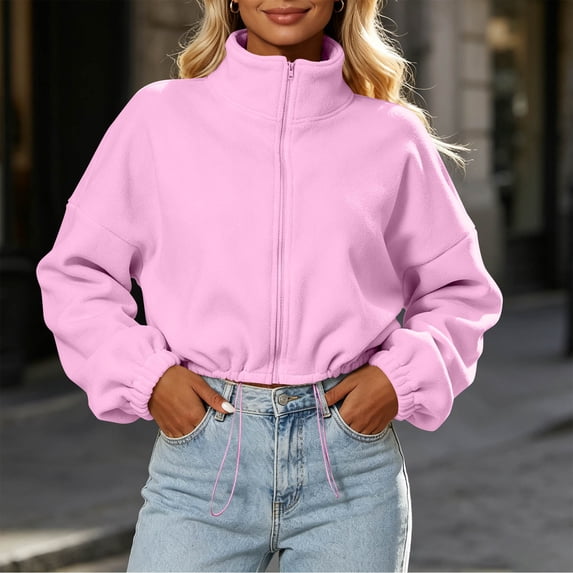 Mifsaly Women's Long Sleeve Sweatshirts Full Zip Collared Pullover Tops Drawstring Cropped Warm Fall Winter Fashion Sweat Shirts