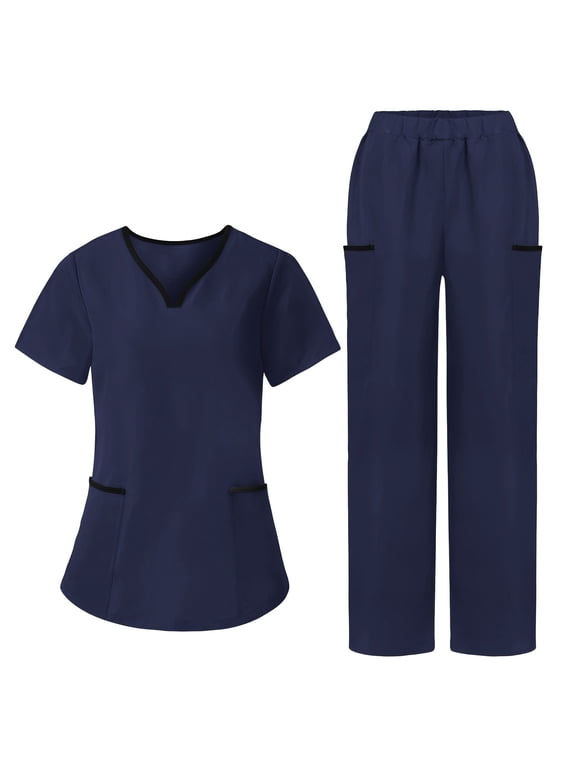 Women's Medical Scrub Sets Wide Leg Pants Notched V Neck Classic Fit Medical Uniforms Doctors Nurses Healthcare Nursing Scrubs with Pockets S