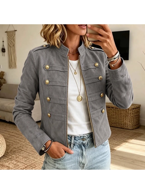 Women's Military Faux Suede Cropped Jackets Zip Up Stand Collar Fall Coat Vintage Fashion Military Style Street Party Travel Vacation Lounge Outfits