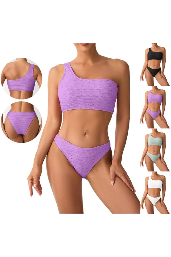 Women's One Shoulder Two Piece Swimsuit Eyelet Embroidered Bikini Set High Waisted Bathing Suit Flattering Cutout Beachwear Elegant Summer Pool Party Swimwear M