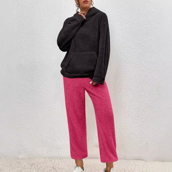 Mifsaly Women's Pajama Sets Fuzzy Fleece Warm Winter Pjs 2 Piece Homewear Matching Outfits Hooded Soft Cozy Sleepwear Plus Size Long Sleeve Nightwear Loose Thermal Pants Fashion Homewear Loungewear