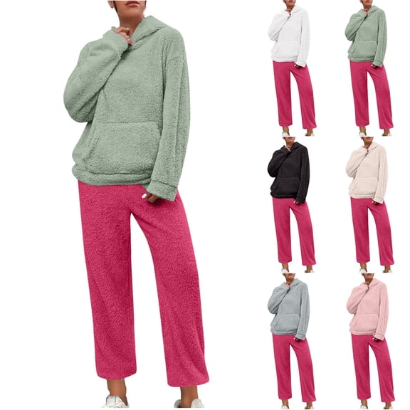Mifsaly Women's Pajama Sets Fuzzy Fleece Warm Winter Pjs 2 Piece Homewear Matching Outfits Hooded Soft Cozy Sleepwear Plus Size Long Sleeve Nightwear Loose Thermal Pants Fashion Homewear Loungewear