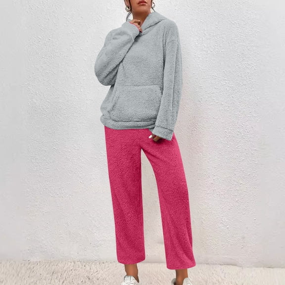 Mifsaly Women's Pajama Sets Fuzzy Fleece Warm Winter Pjs 2 Piece Homewear Matching Outfits Hooded Soft Cozy Sleepwear Plus Size Long Sleeve Nightwear Loose Thermal Pants Fashion Homewear Loungewear