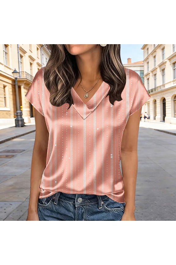 Women's Plus Size Tops Rose Print V-Neck Short Sleeve Blouse Lightweight Relaxed Office Work Shirts Fashion Summer Clothes S