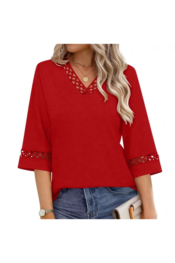 Women's Tops Dressy Casual 3/4 Sleeve V Neck Cotton Shirts Eyelet Hollow Out Lace Trim Tunic Blouses Lightweight Breathable office Work Summer Top Red,L