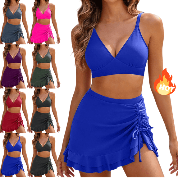 Mifsaly Women's Two Piece Bikini Set with Swim Skirt Ruffle Hem Bathing Suits High Waisted Skirted Bottom Side Drawstring Swimsuit for Sporty Beach Activity M