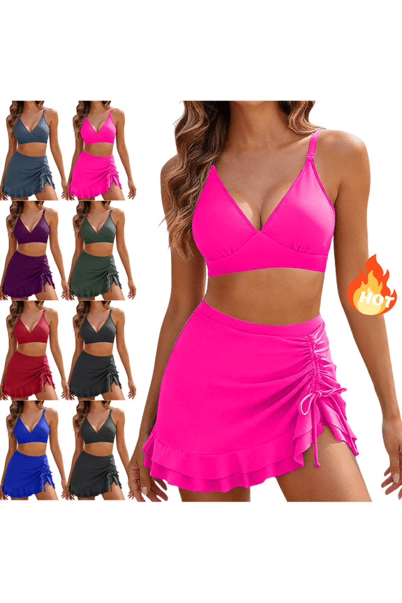 Women's Two Piece Bikini Set with Swim Skirt Ruffle Hem Bathing Suits High Waisted Skirted Bottom Side Drawstring Swimsuit for Sporty Beach Activity XXL