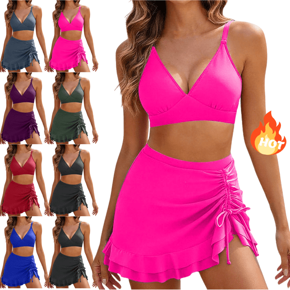 Mifsaly Women's Two Piece Bikini Set with Swim Skirt Ruffle Hem Bathing Suits High Waisted Skirted Bottom Side Drawstring Swimsuit for Sporty Beach Activity XL