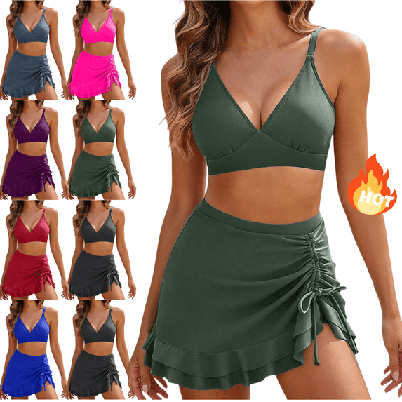 Mifsaly Women's Two Piece Bikini Set with Swim Skirt Ruffle Hem Bathing Suits High Waisted Skirted Bottom Side Drawstring Swimsuit for Sporty Beach Activity XXL