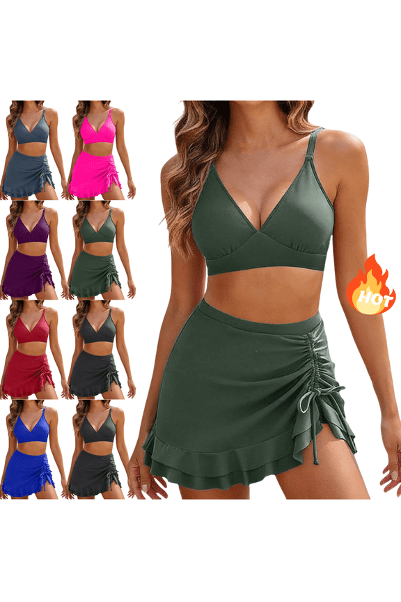 Women's Two Piece Bikini Set with Swim Skirt Ruffle Hem Bathing Suits High Waisted Skirted Bottom Side Drawstring Swimsuit for Sporty Beach Activity XXL
