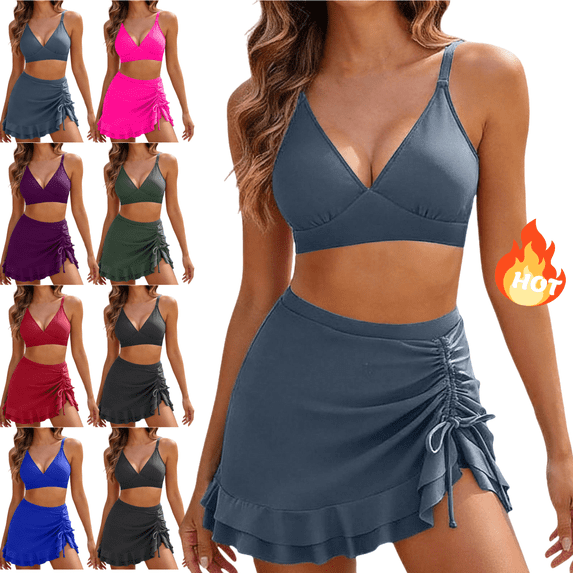Mifsaly Women's Two Piece Bikini Set with Swim Skirt Ruffle Hem Bathing Suits High Waisted Skirted Bottom Side Drawstring Swimsuit for Sporty Beach Activity XL