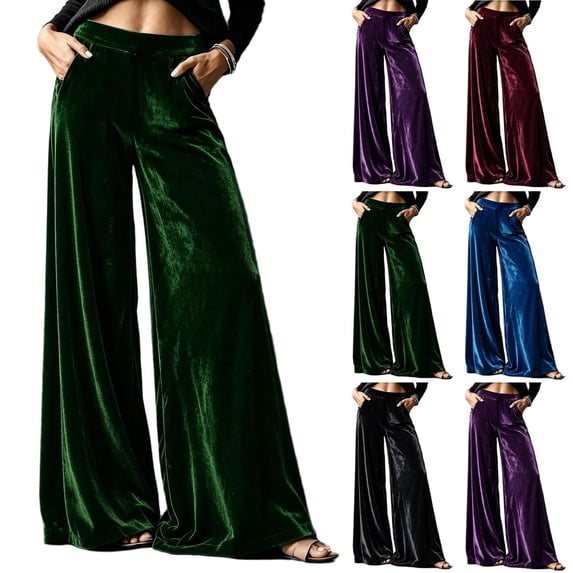 Mifsaly Women's Velvet Wide Leg Trousers High Waisted Flowy Palazzo Pants Fall Winter Elegant Evening Party Business Casual Outfits with Pockets