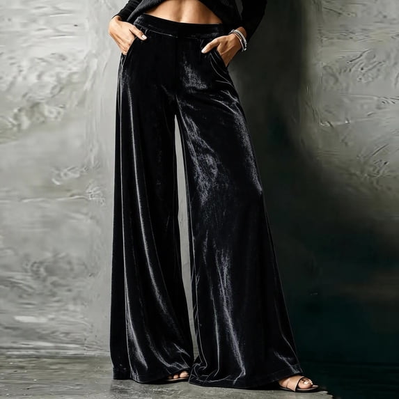 Mifsaly Women's Velvet Wide Leg Trousers High Waisted Flowy Palazzo Pants Fall Winter Elegant Evening Party Business Casual Outfits with Pockets