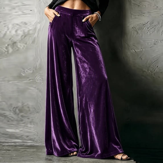 Mifsaly Women's Velvet Wide Leg Trousers High Waisted Flowy Palazzo Pants Fall Winter Elegant Evening Party Business Casual Outfits with Pockets