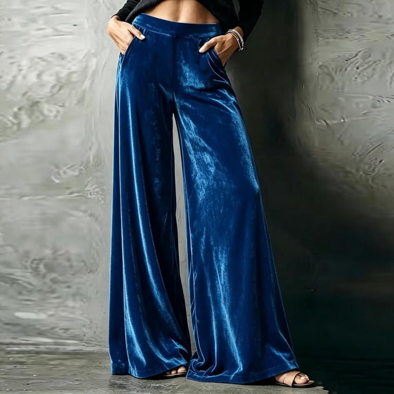 Mifsaly Women's Velvet Wide Leg Trousers High Waisted Flowy Palazzo Pants Fall Winter Elegant Evening Party Business Casual Outfits with Pockets