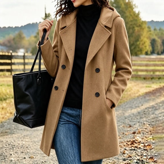 Mifsaly Women's Wool Blend Pea Coat Notched Lapel Double Breasted Mid Length Windbreaker Jackets Fall Winter Thermal Daily Dating Wedding Office Lounge Outfits with Shoulder Pads