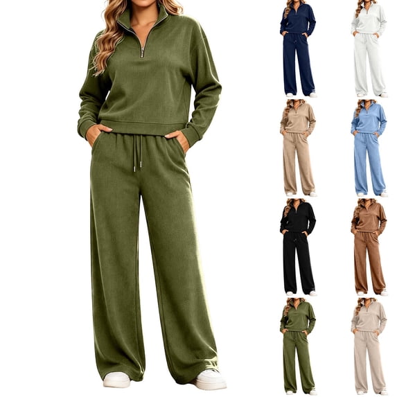 Mifsaly Womens 2 Piece Lounge Set Half Zip Pullover Top and Wide Leg Pants Casual Matching Outfit Drawstring Waist Relaxed Fit Soft Travel Airport Fall Winter