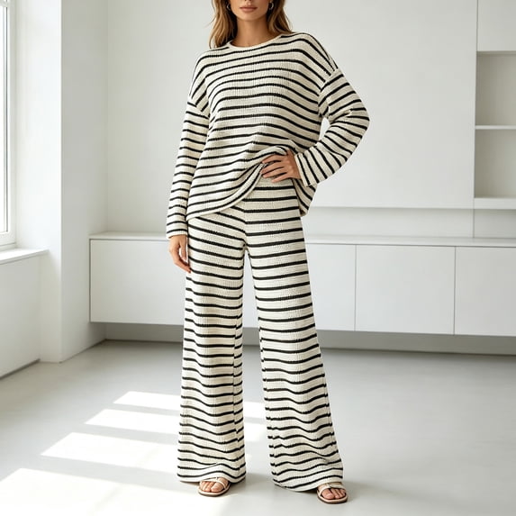 Mifsaly Womens 2 Piece Striped Knit Lounge Set Crewneck Long Sleeve Pullover Top and Wide Leg Pants Casual Matching Outfit Soft Relaxed Fit for Travel Fall Winter Daily