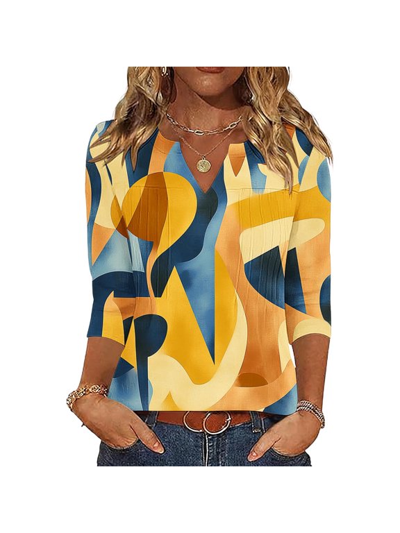 Womens 3/4 Sleeve Tops Floral Print Split Neck Pleated Tunic Blouse Summer Casual Boho Shirt Lightweight Breathable Work Office Pullover Top XXL