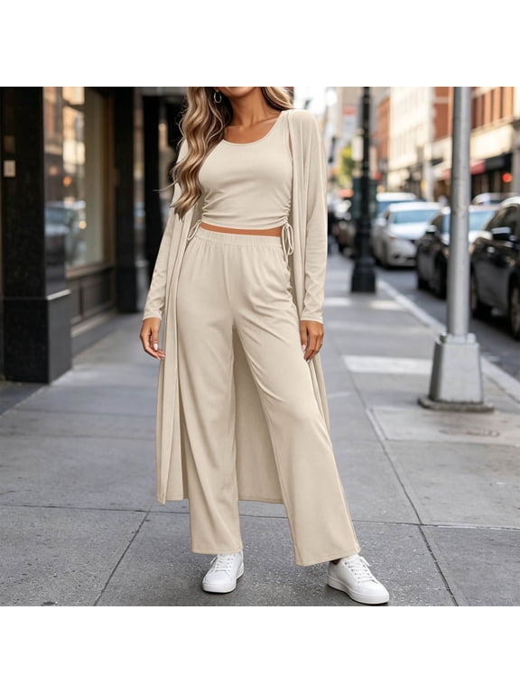 Womens 3 Piece Lounge Set Long Cardigan Tank Top and Wide Leg Pants Casual Matching Outfit Soft Stretchy Open Front Duster for Travel Home Vacation Daily