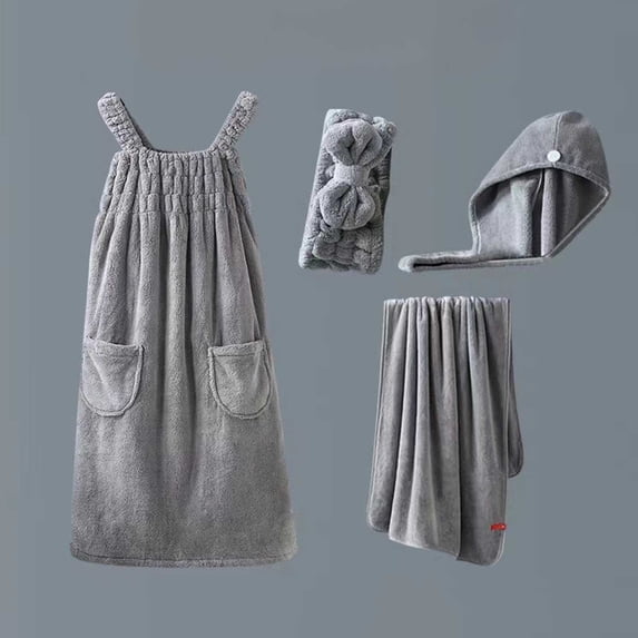 Mifsaly Womens 4 Piece Plush Bath Dress Set Absorbent Sleeveless Wrap Shower Robe with Pockets,Hair Towel Wrap, Dry Hair Cap & Bath Towel Gray,Free Size