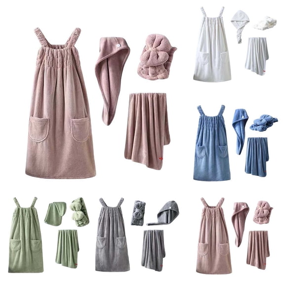 Mifsaly Womens 4 Piece Plush Bath Dress Set Absorbent Sleeveless Wrap Shower Robe with Pockets,Hair Towel Wrap, Dry Hair Cap & Bath Towel Pink,Free Size