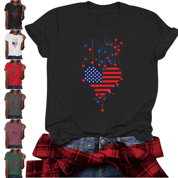 Mifsaly Womens American Flag Shirt Patriotic Heart Graphic Cotton T-Shirts Summer Casual Crewneck Short Sleeve Independence Day Tees XXL