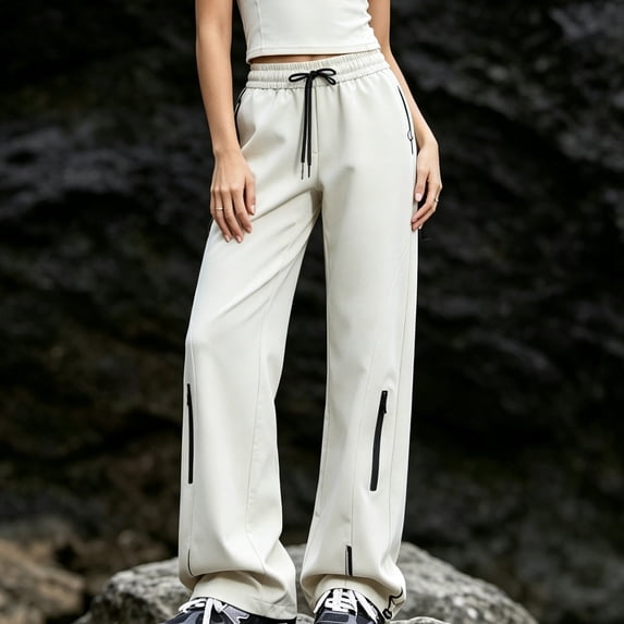 Mifsaly Womens Athletic Pants High Waisted Cargo Pants Breathable Loose Casual Workout Running Joggers with Pockets Beige,XXL