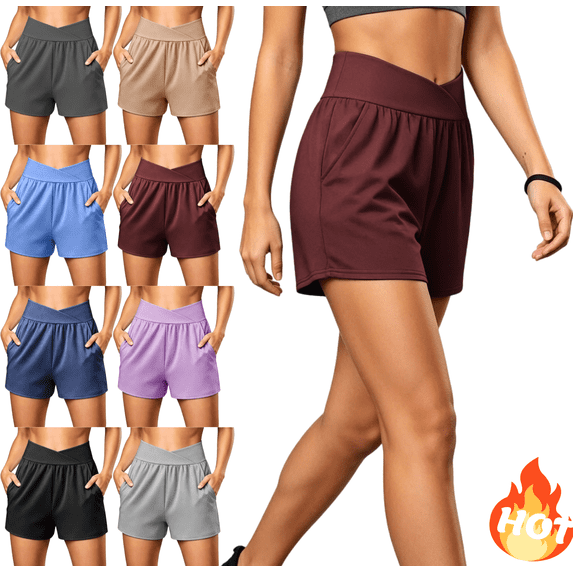 Mifsaly Womens Athletic Shorts 5 Inch Inseam Crossover V-Waist Workout Shorts with Pockets Soft Stretch Running Gym Exercise Yoga Clothes 2026 Wine,XL