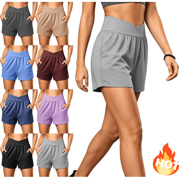 Mifsaly Womens Athletic Shorts 5 Inch Inseam Crossover V-Waist Workout Shorts with Pockets Soft Stretch Running Gym Exercise Yoga Clothes 2026 Gray,M
