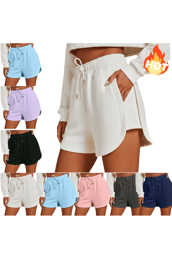 Womens Athletic Shorts 5 Inch Inseam Curved Hem High Waisted Running Shorts Drawstring Gym Yoga Fitness Summer Workout Clothes with Pockets White,S