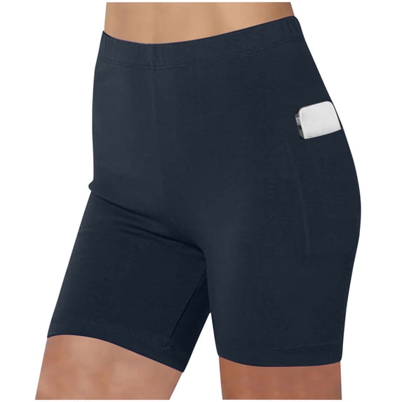 Mifsaly Womens Athletic Yoga Shorts with Pockets High Waisted Tummy Control Biker Shorts Soft Breathable Workout Running Cycling Training Outfits Dark Blue,XXXL