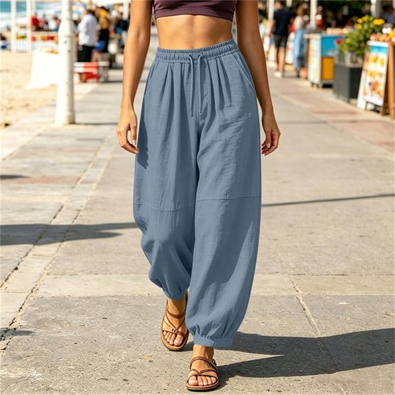 Mifsaly Womens Baggy Joggers Cotton Linen Flowy Pants Lightweight Loose Fit Drawstring Elastic Waist Casual Trousers with Cuffed Hem for Lounge Vacation Navy,XL