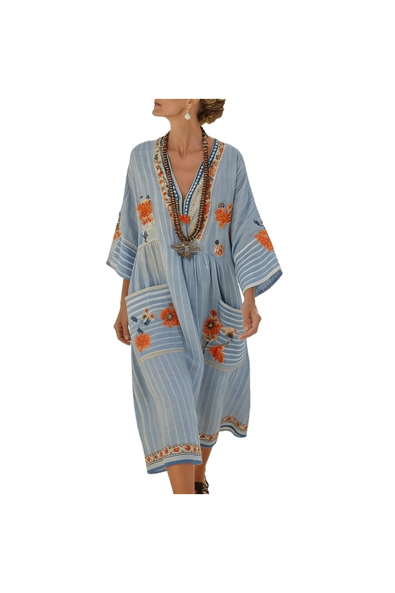 Womens Boho Kaftan Dress V Neck Half Sleeve Loose Fit Maxi Dresses with Pockets Striped Patchwork Summer Vacation Casual Long Sundress Sky Blue,S