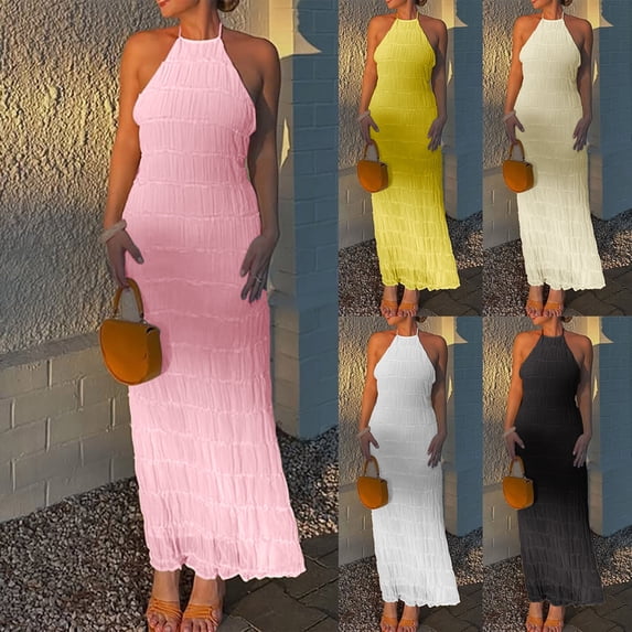 Mifsaly Womens Boho Maxi Dresses Halter Neck Sleeveless Flowy Summer Sundresses Textured Pleated Lightweight Flattering Beach Vacation Dress M